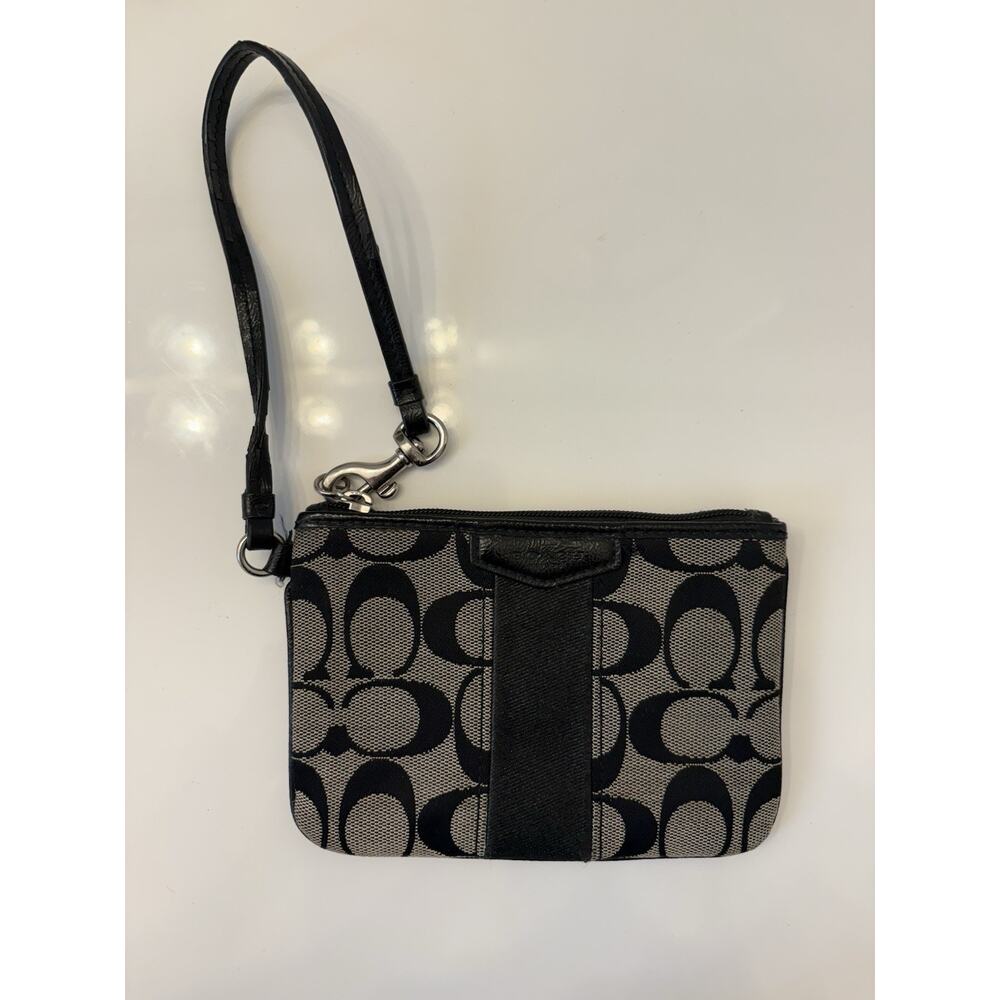 Coach Corner Zip Wristlet Signature Canvas Black Khaki 6” Logo Club Coin Card